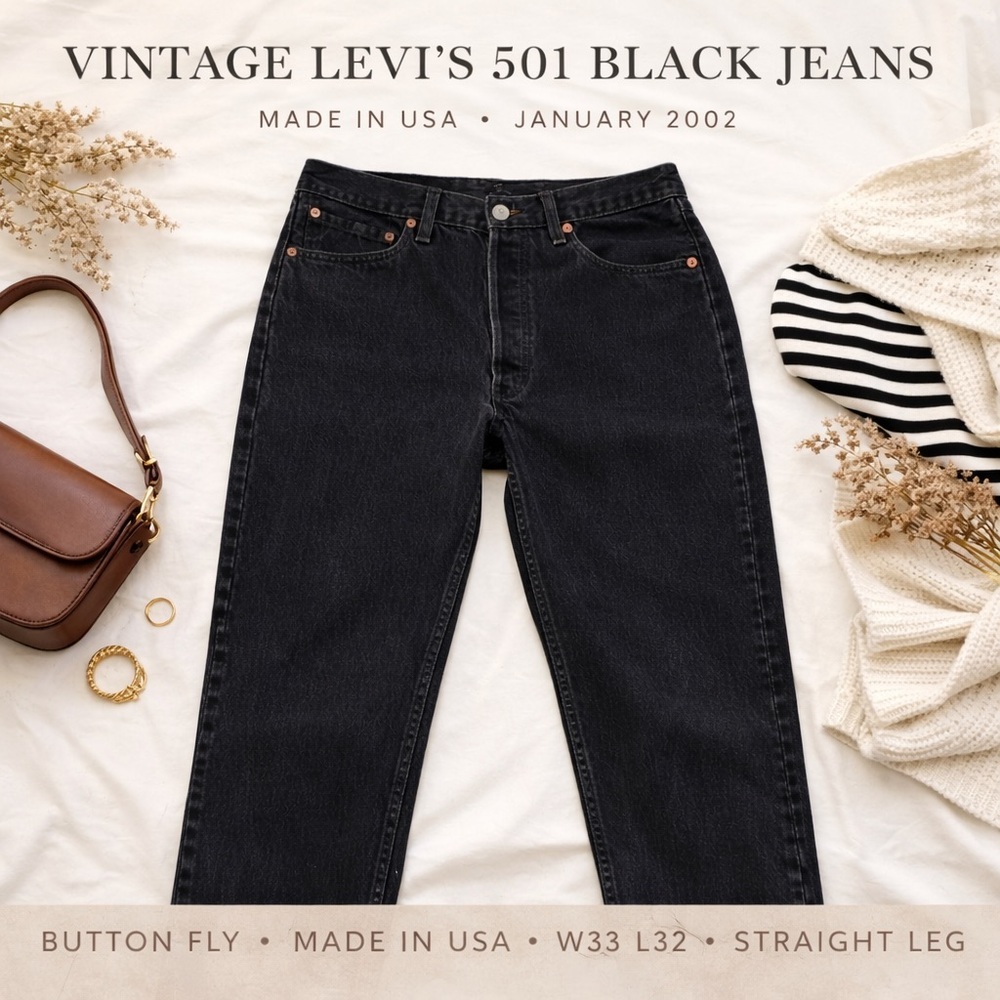 Vintage Levi’s 501 Black Jeans W33 L32 Button Fly Made in USA 2002